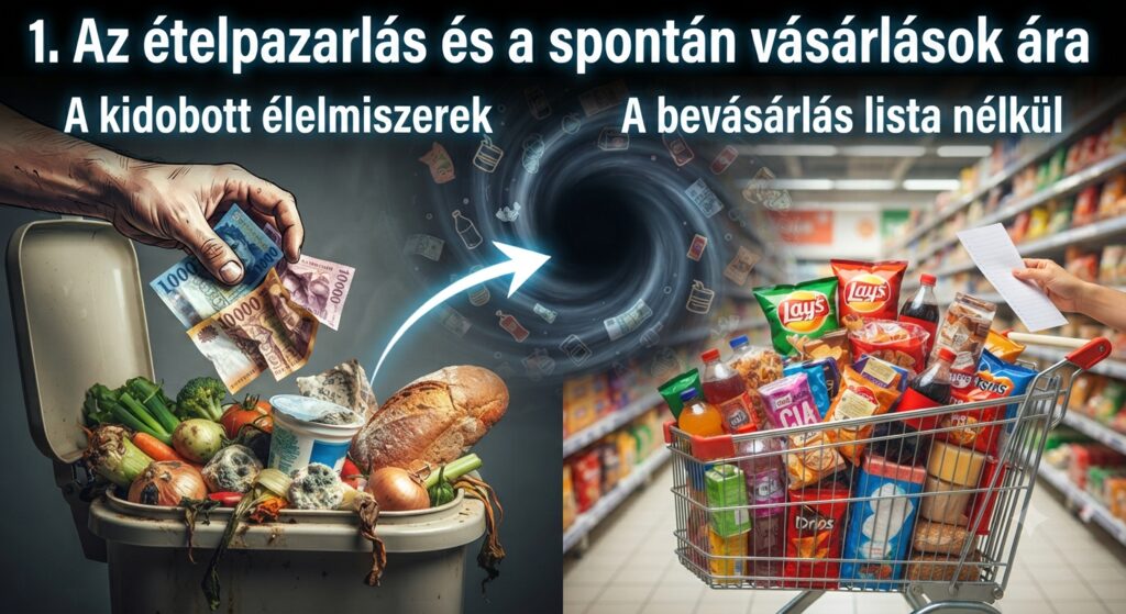 Ételpazarlás és lista nélküli bevásárlás — kidobott élelmiszer és impulzusvásárlással teli kosár